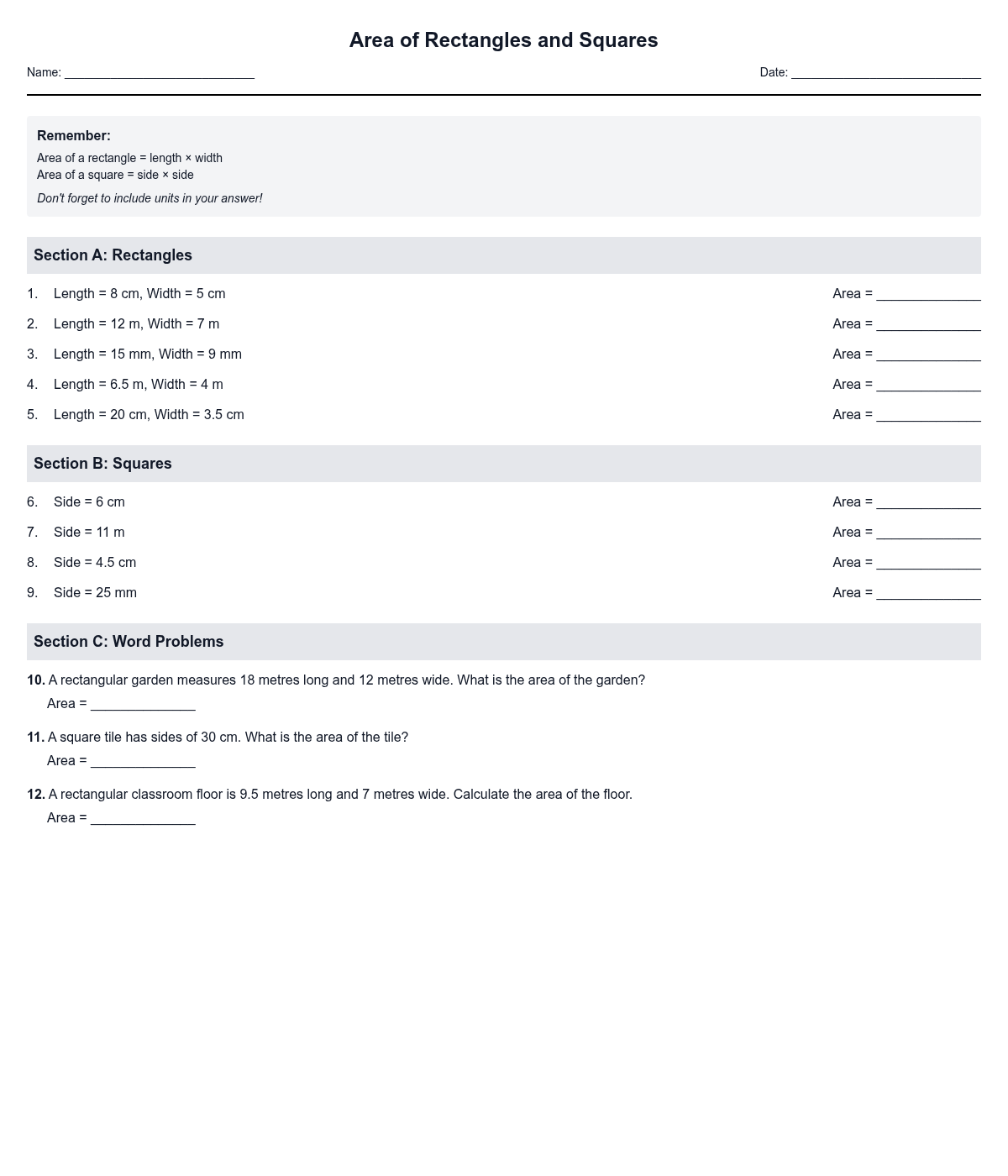 Area of Rectangles and Squares