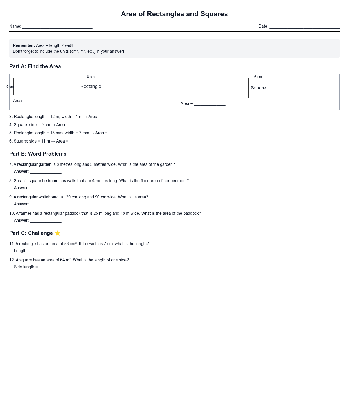 Area of Rectangles and Squares