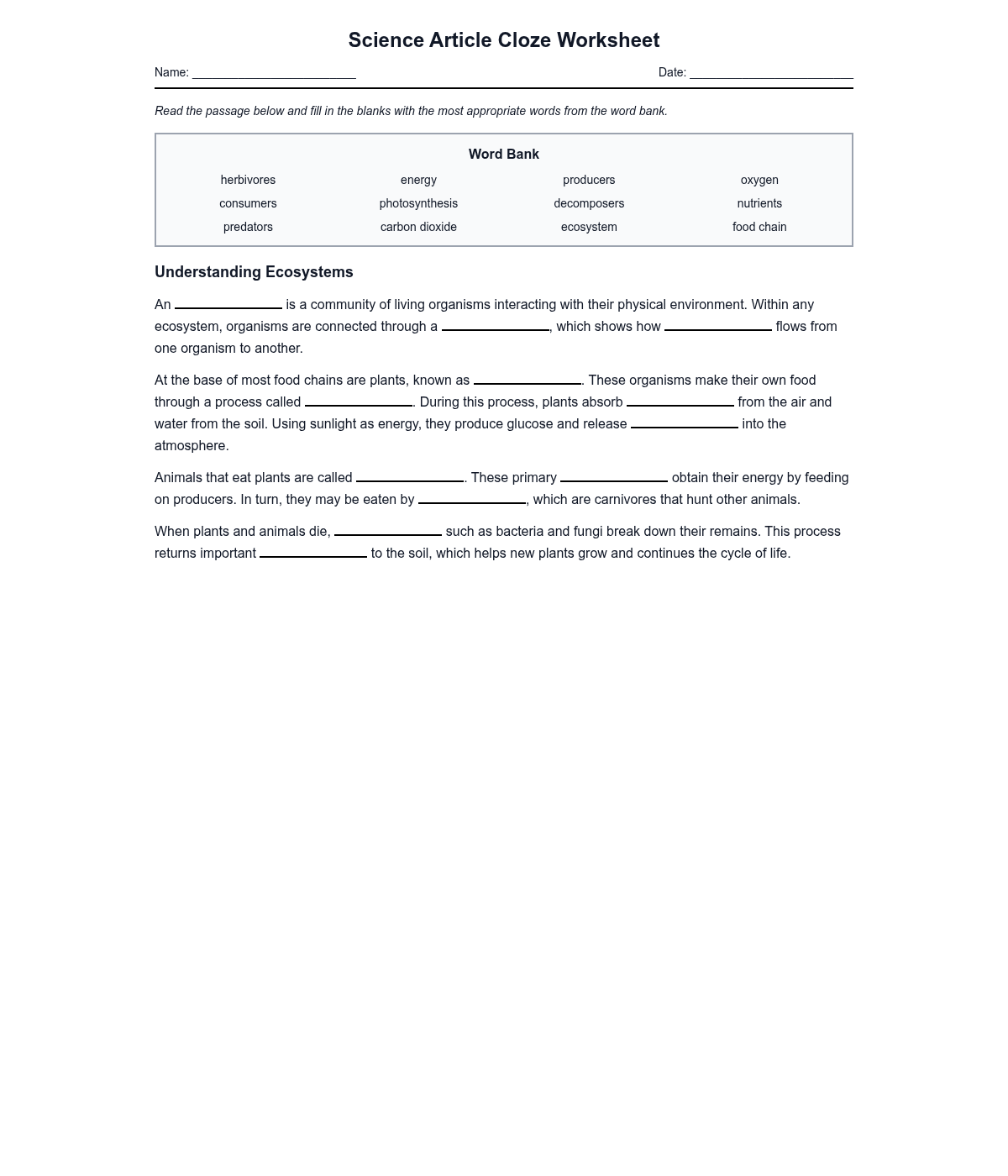 Science Article Cloze Worksheet