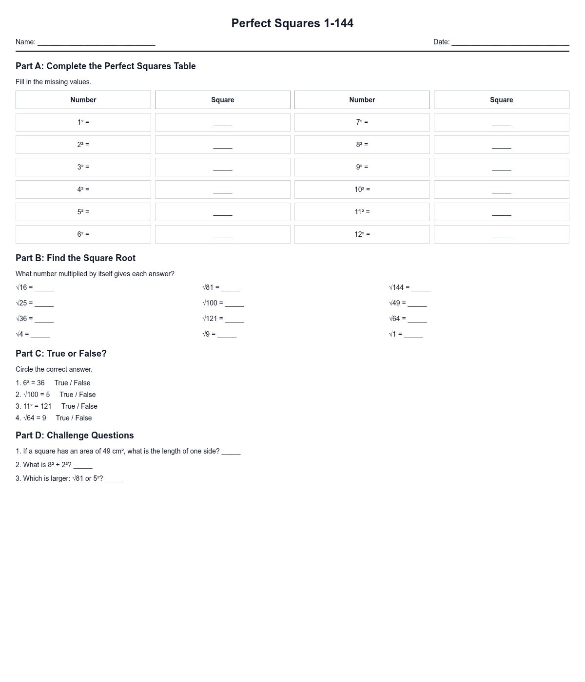 Perfect Squares 1-144