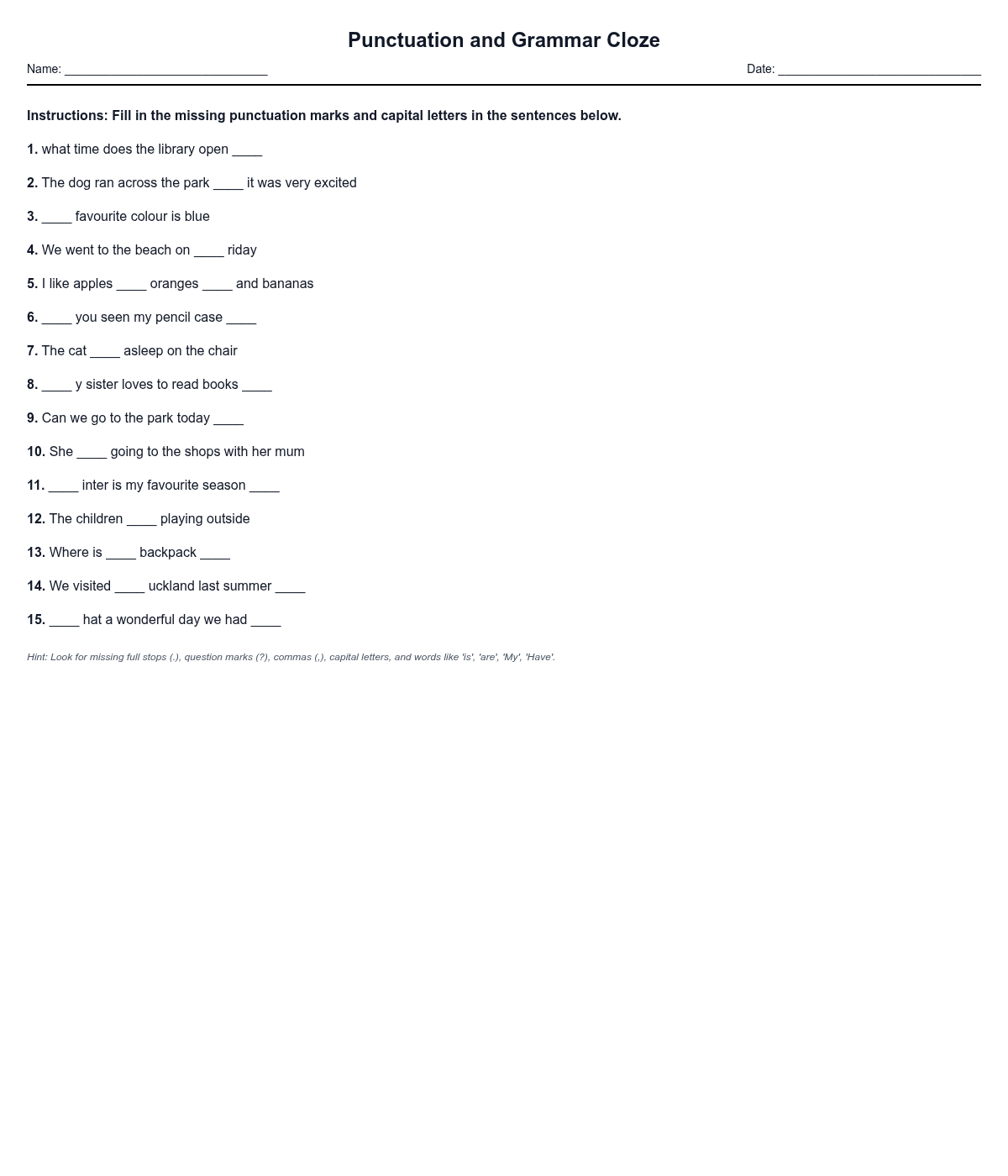 Punctuation and Grammar Cloze