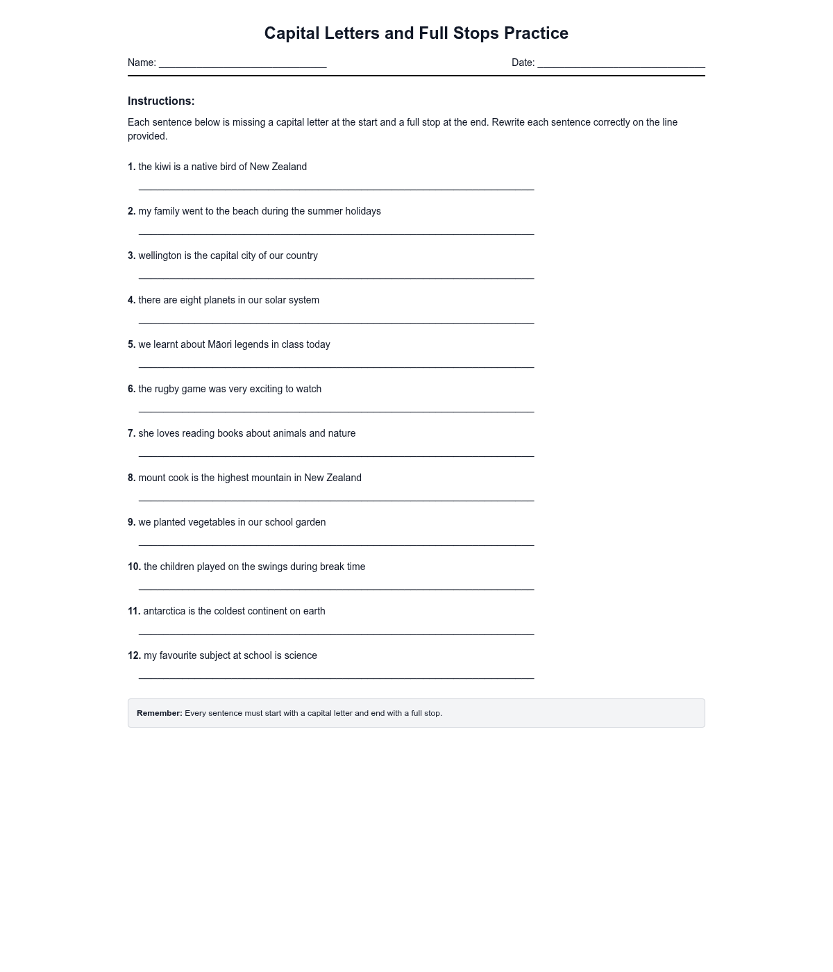 Capital Letters and Full Stops Practice