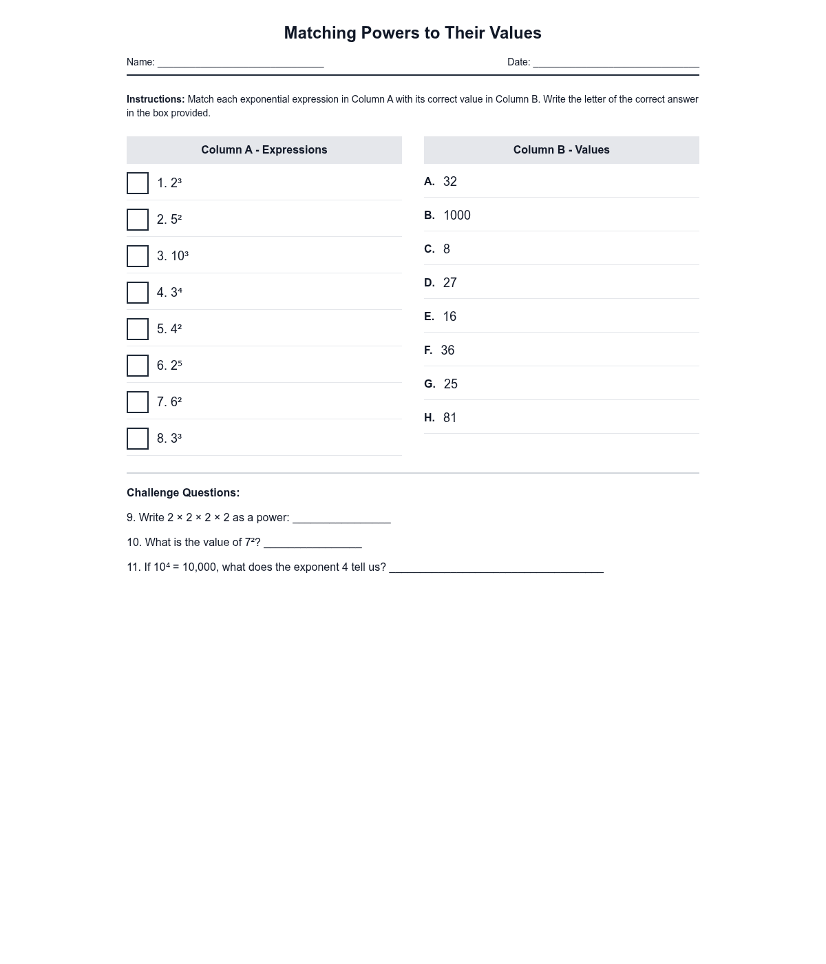 Matching Powers to Their Values
