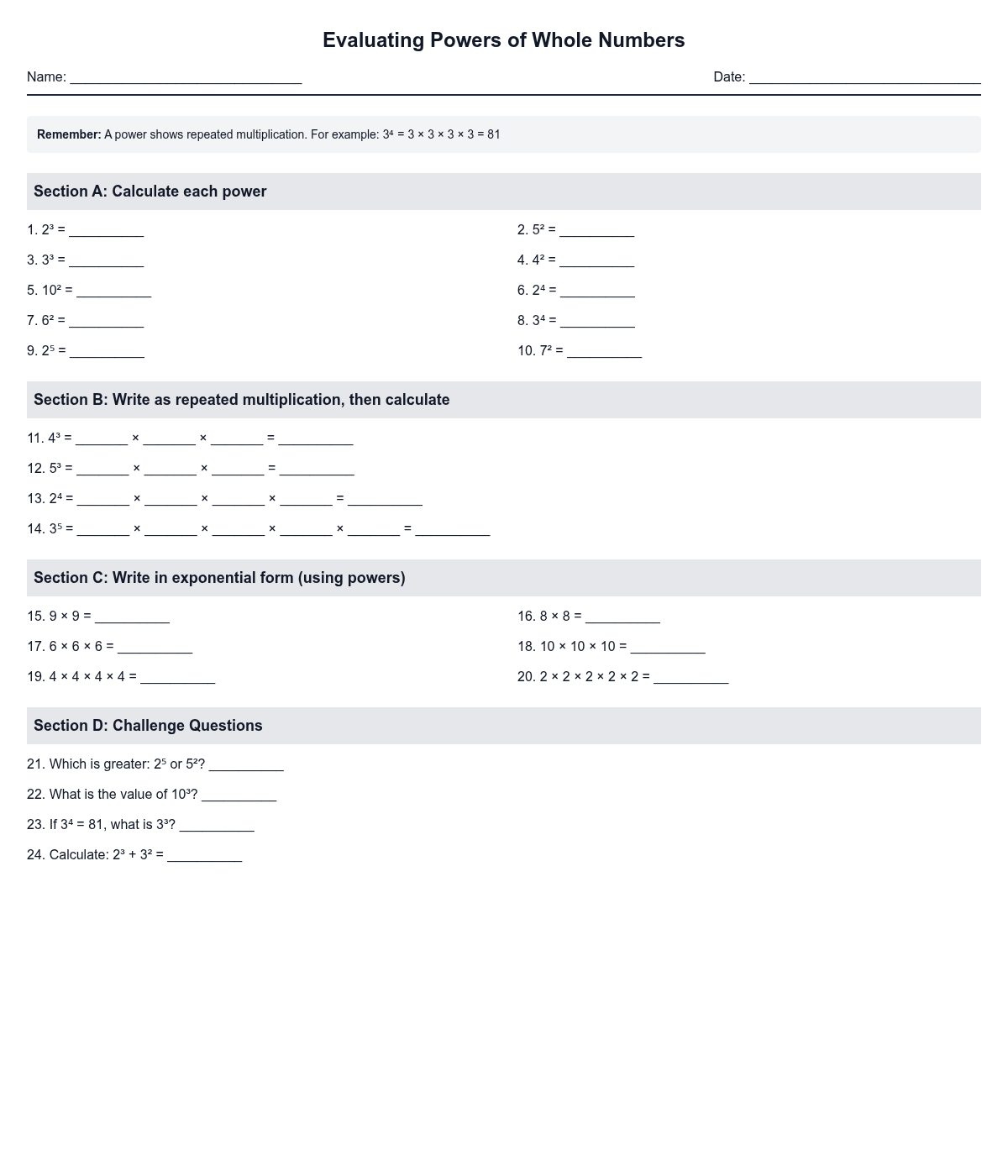 Evaluating Powers of Whole Numbers