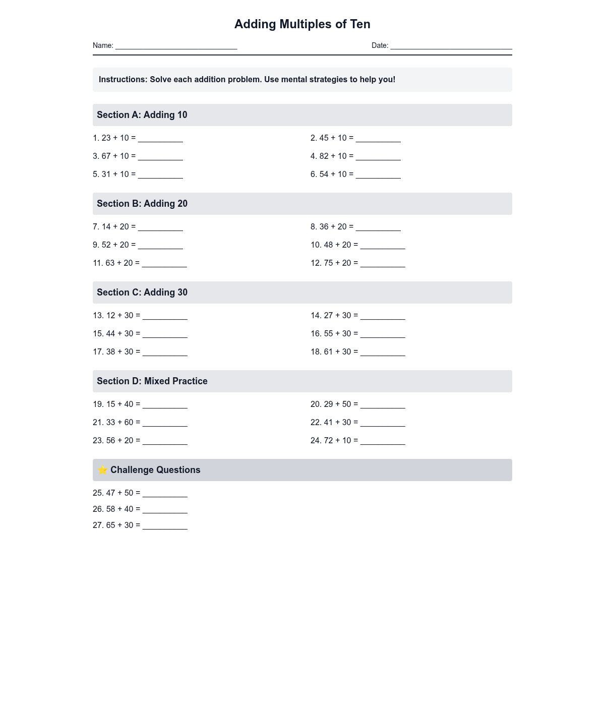 Adding Multiples of Ten