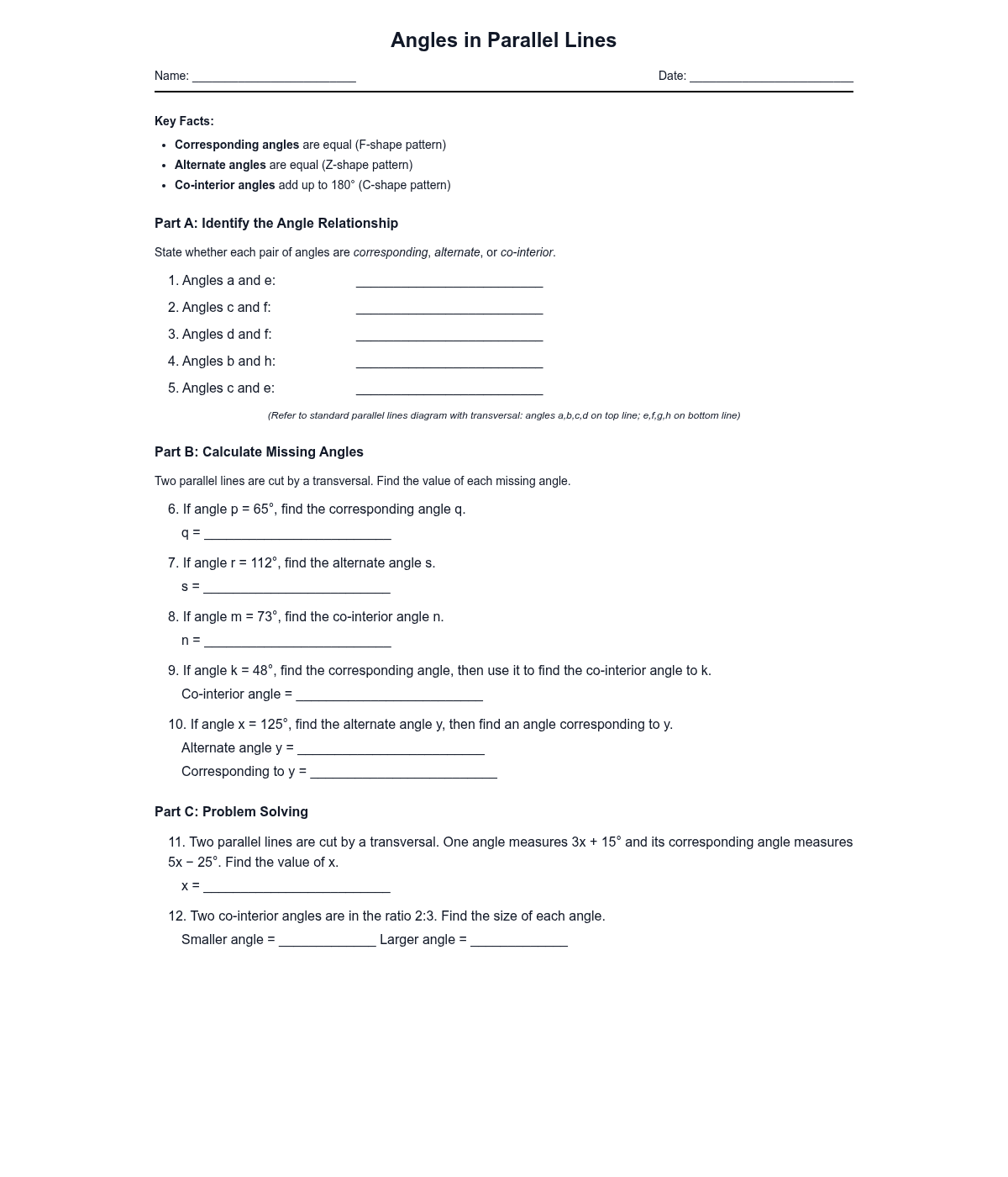 Angles in Parallel Lines