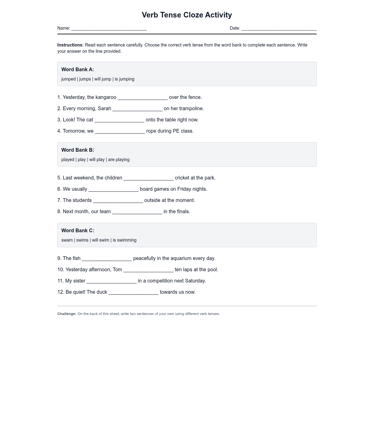 Verb Tense Cloze Activity