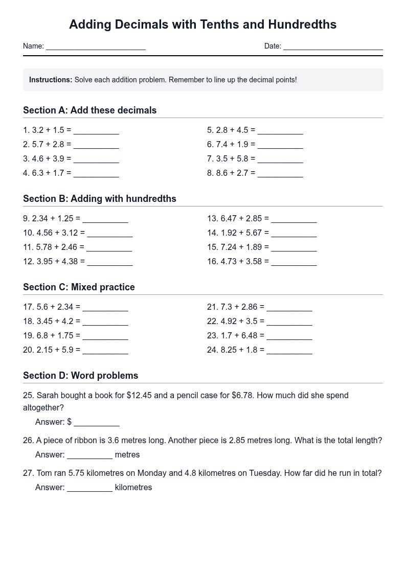 Adding Decimals with Tenths and Hundredths