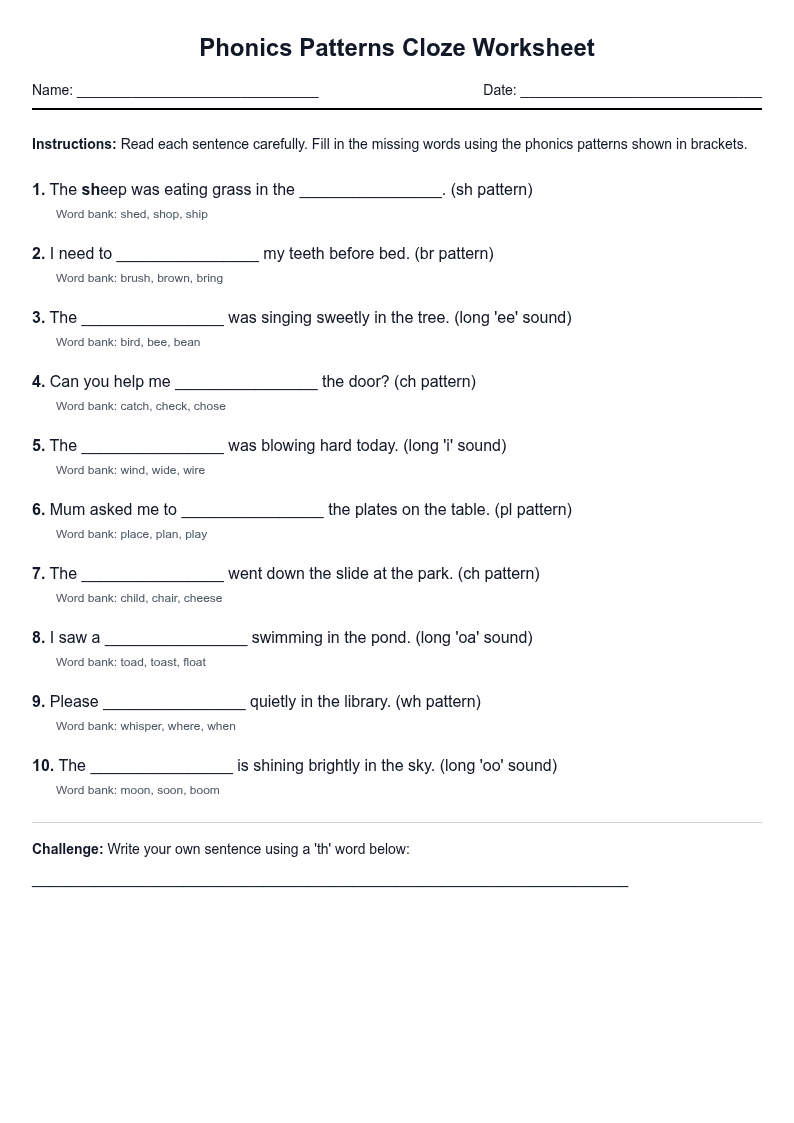 Phonics Patterns Cloze Worksheet