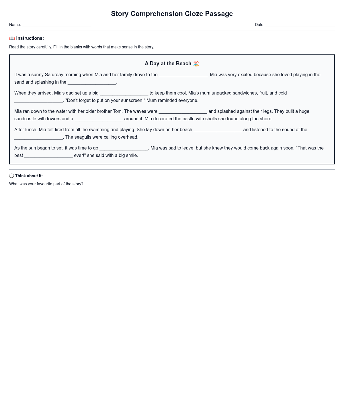 Story Comprehension Cloze Passage