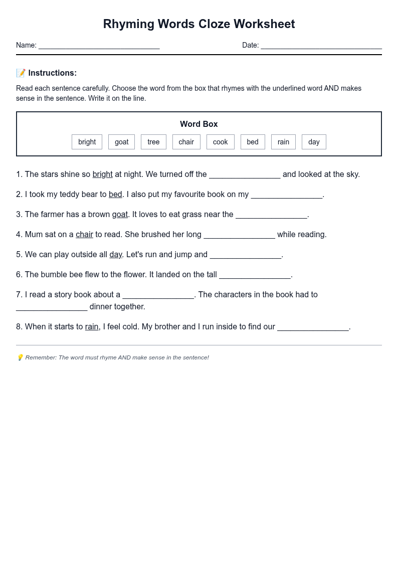 Rhyming Words Cloze Worksheet