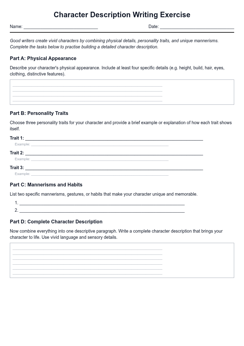 Character Description Writing Exercise