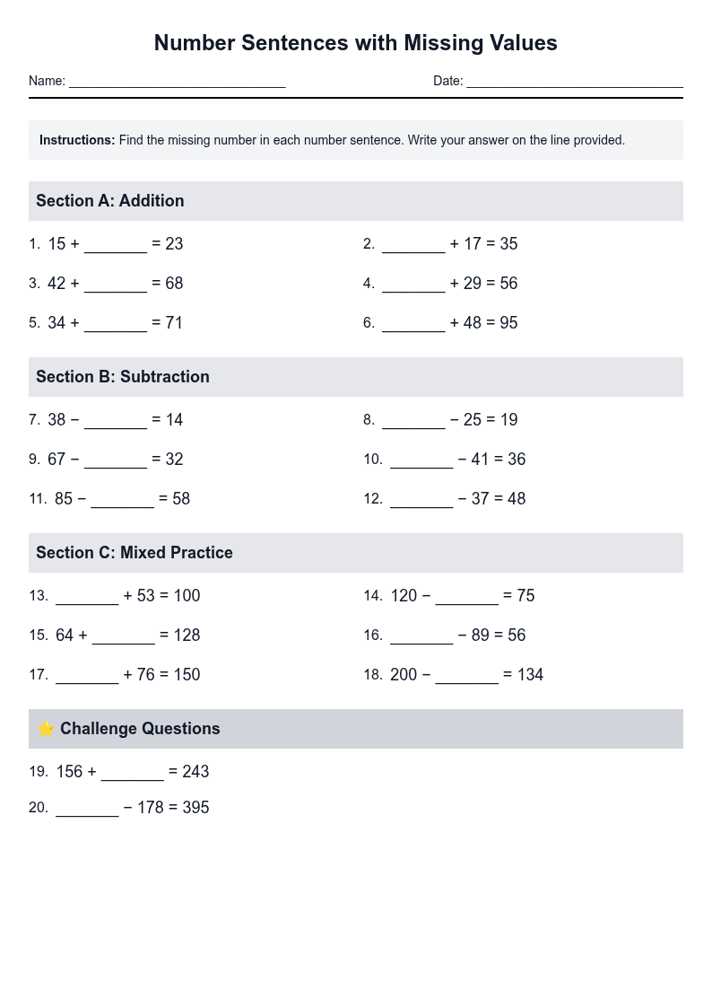 Number Sentences with Missing Values