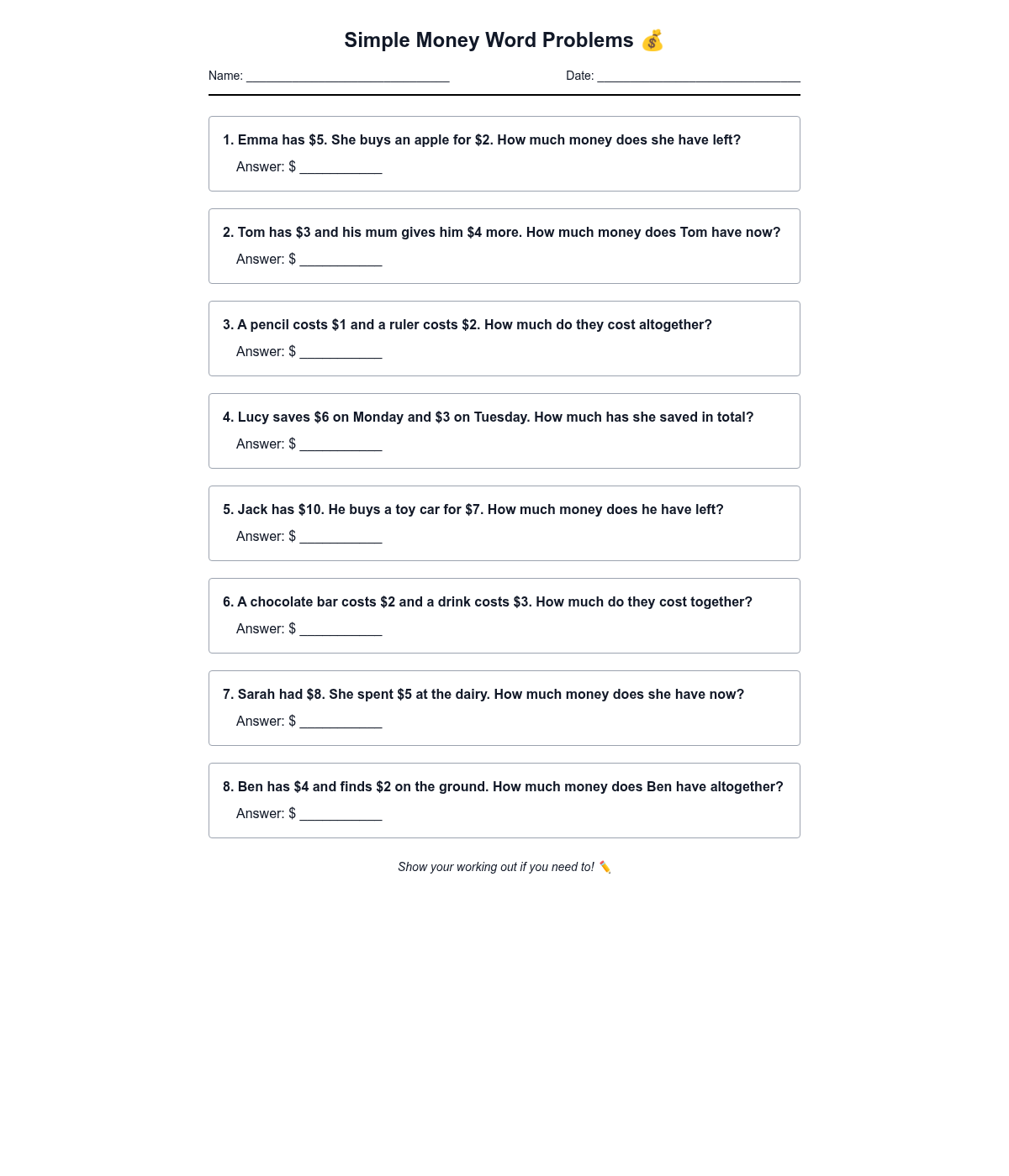 Simple Money Word Problems