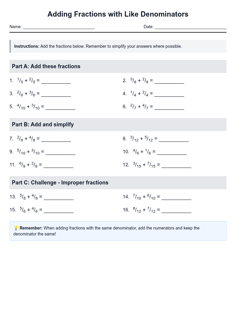 Adding Fractions with Like Denominators