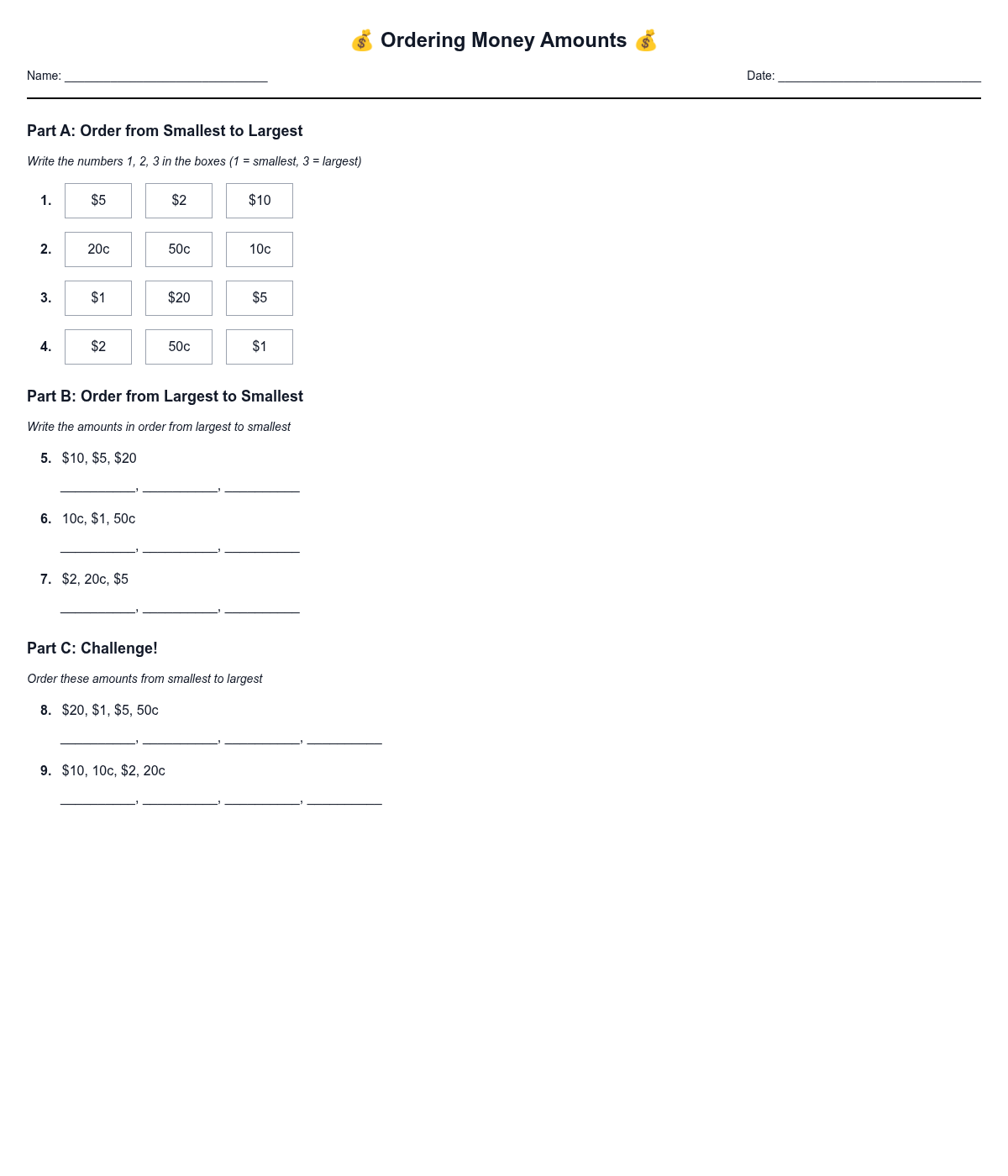 Ordering Money Amounts