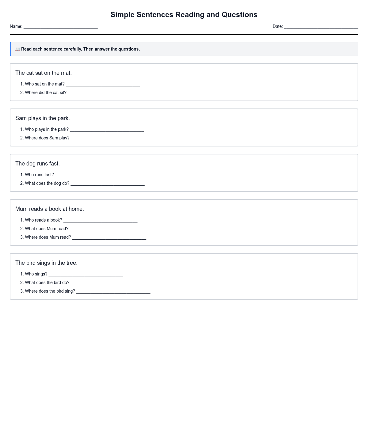 Simple Sentences Reading and Questions