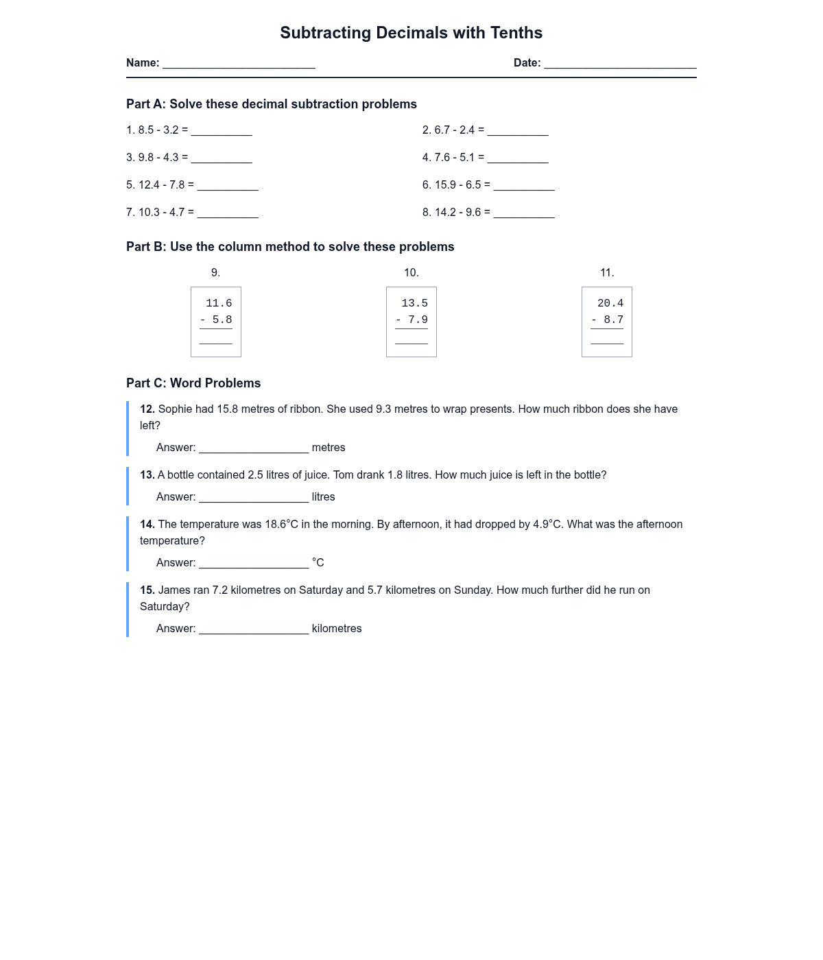 Subtracting Decimals with Tenths