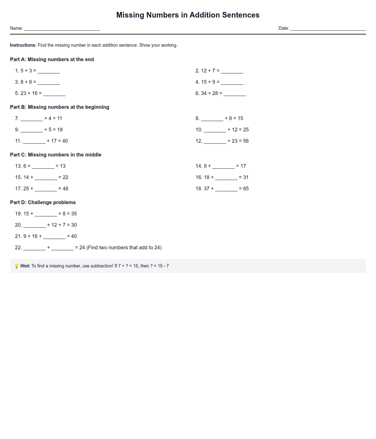 Missing Numbers in Addition Sentences