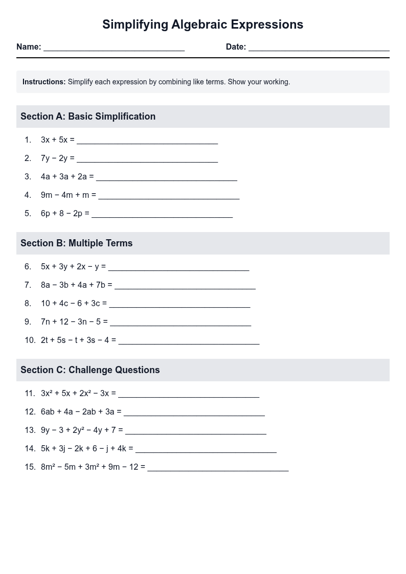 Simplifying Algebraic Expressions