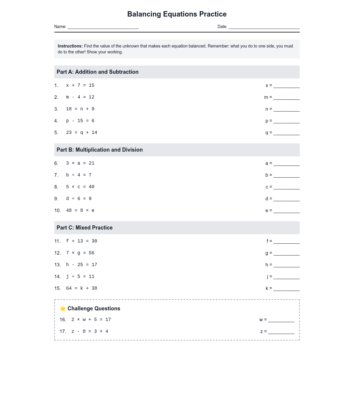 Balancing Equations Practice