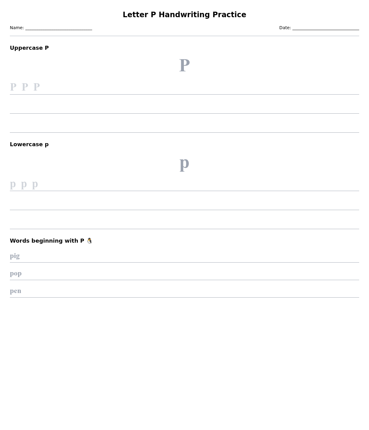 Letter P Handwriting Practice