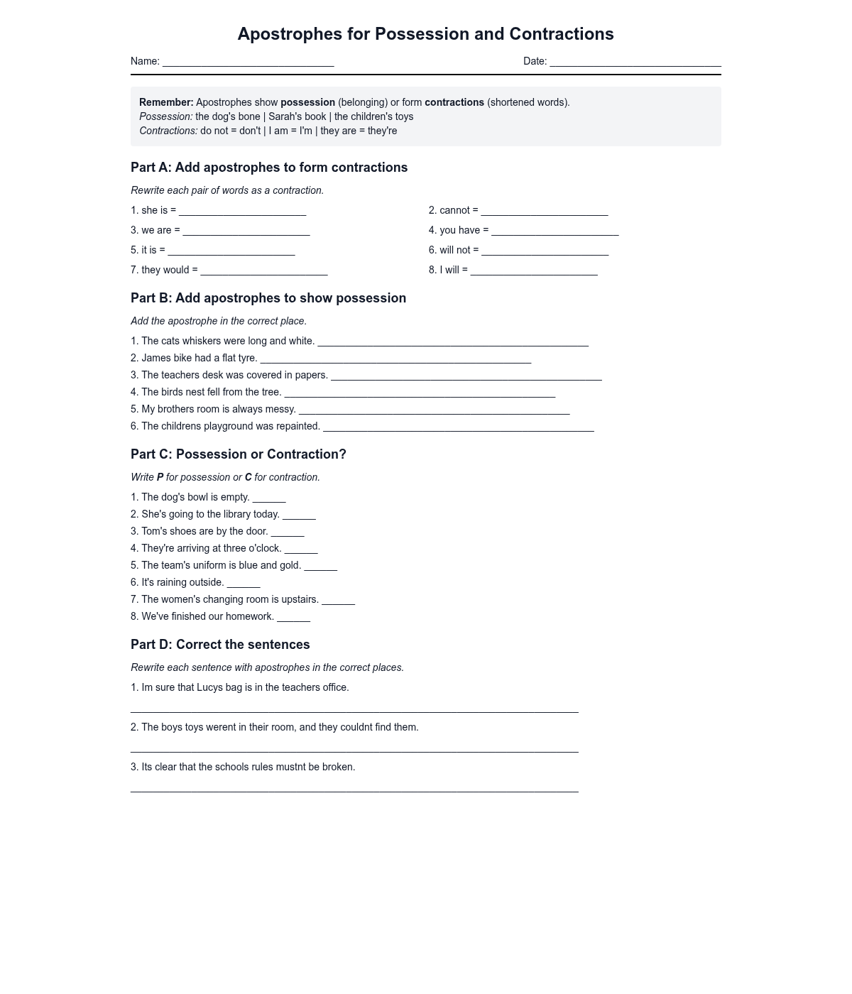 Apostrophes for Possession and Contractions