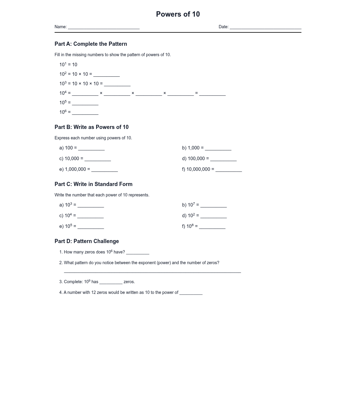 Powers of 10 Worksheet
