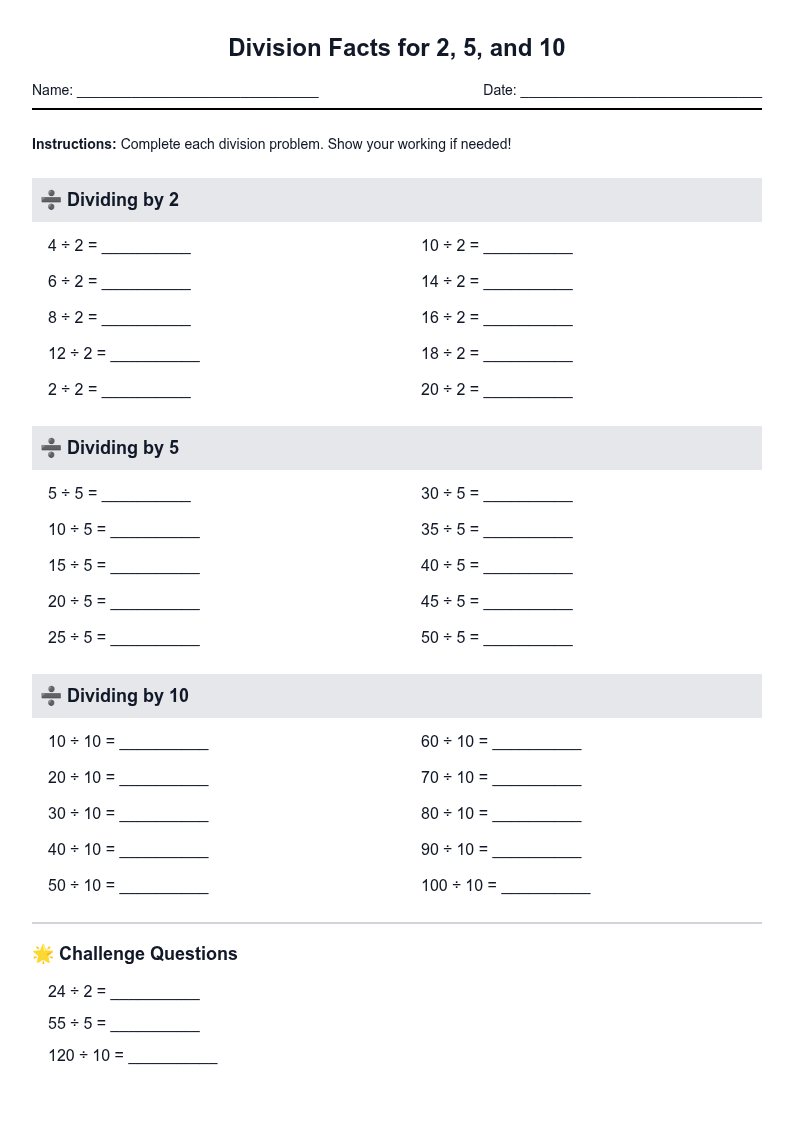 Division Facts for 2, 5, and 10