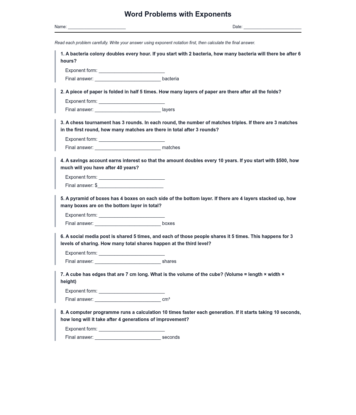 Word Problems with Exponents