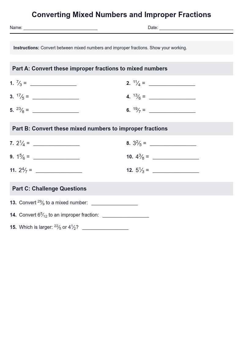 Converting Mixed Numbers and Improper Fractions