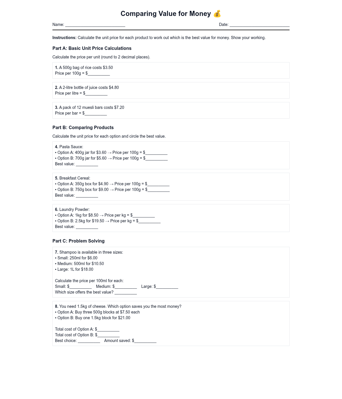 Comparing Value for Money