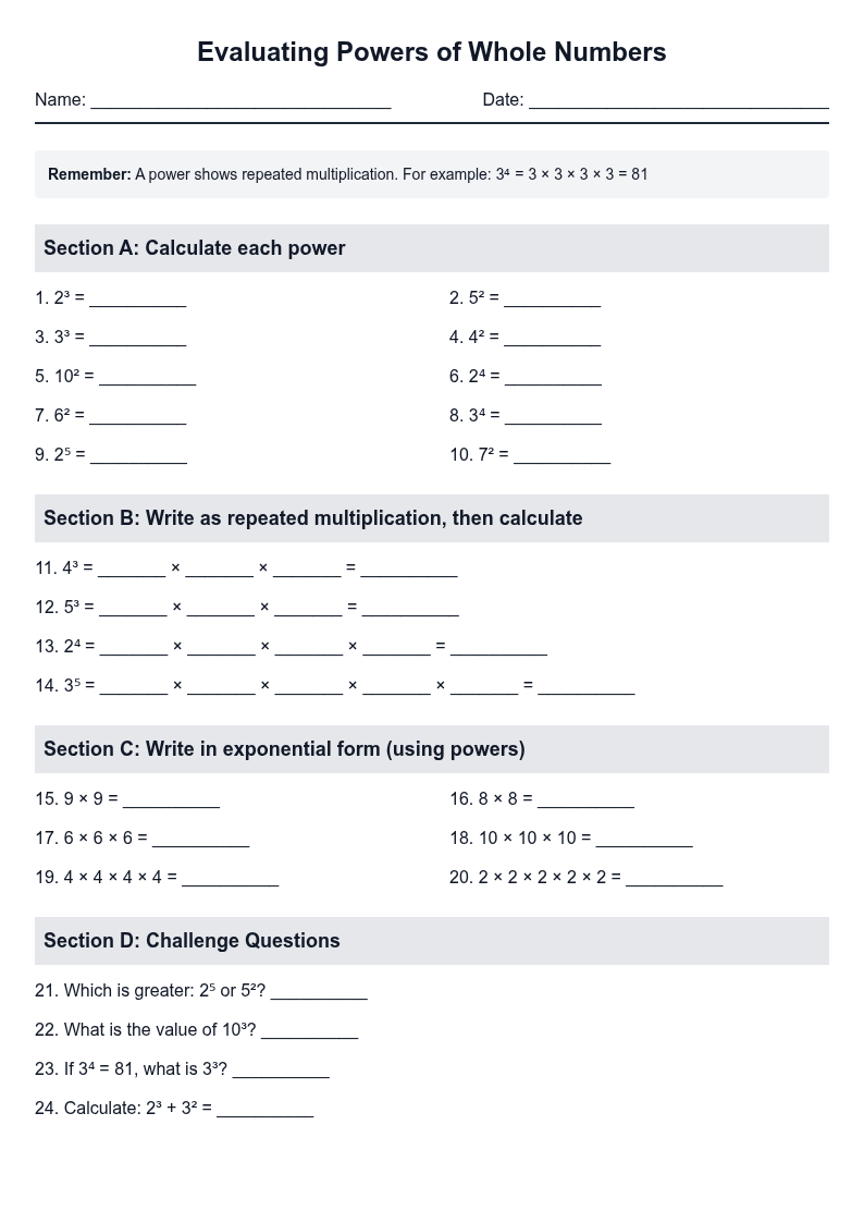 Evaluating Powers of Whole Numbers