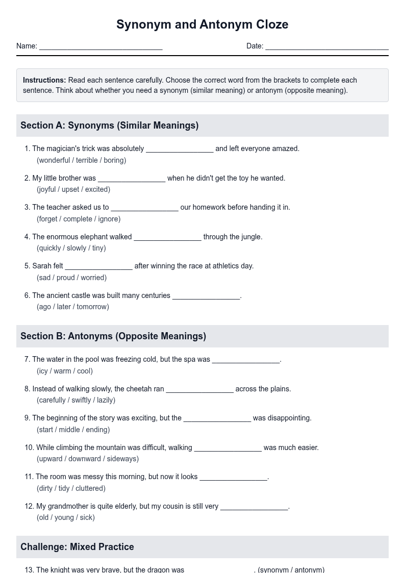 Synonym and Antonym Cloze