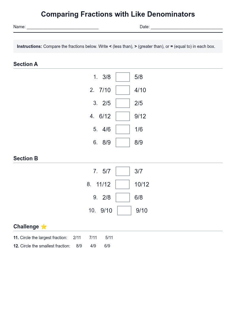 Comparing Fractions with Like Denominators
