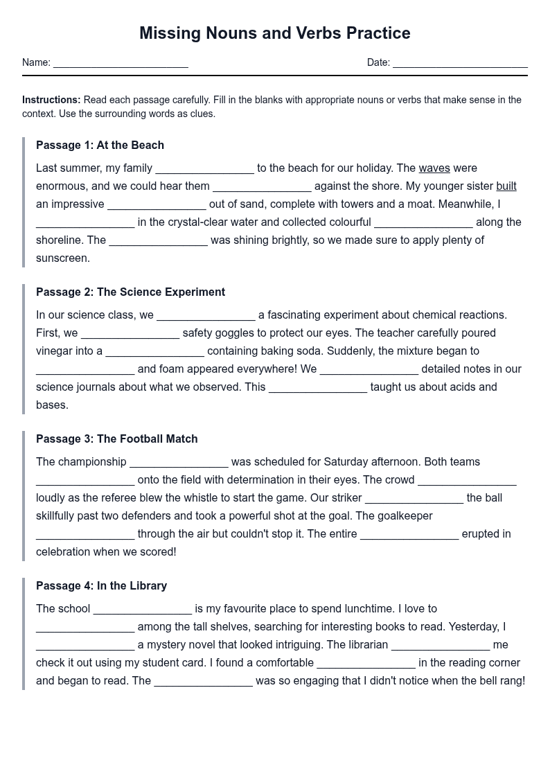 Missing Nouns and Verbs Practice