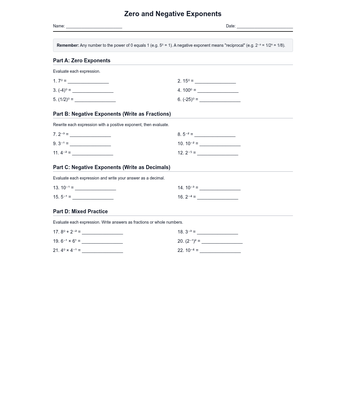 Zero and Negative Exponents