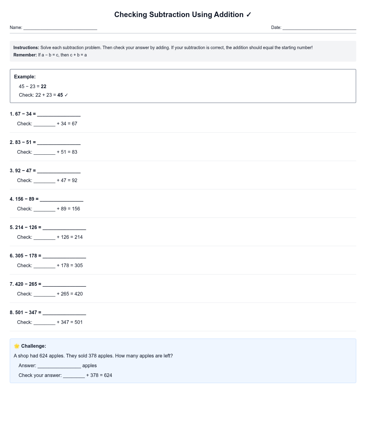 Checking Subtraction Using Addition