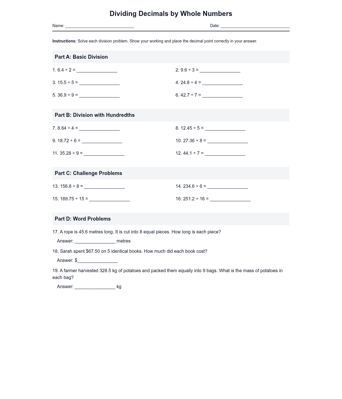 Dividing Decimals by Whole Numbers