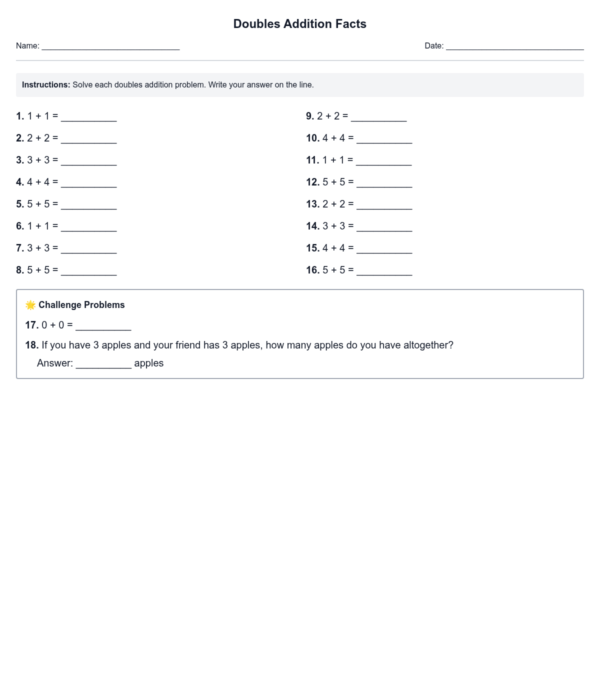 Doubles Addition Facts