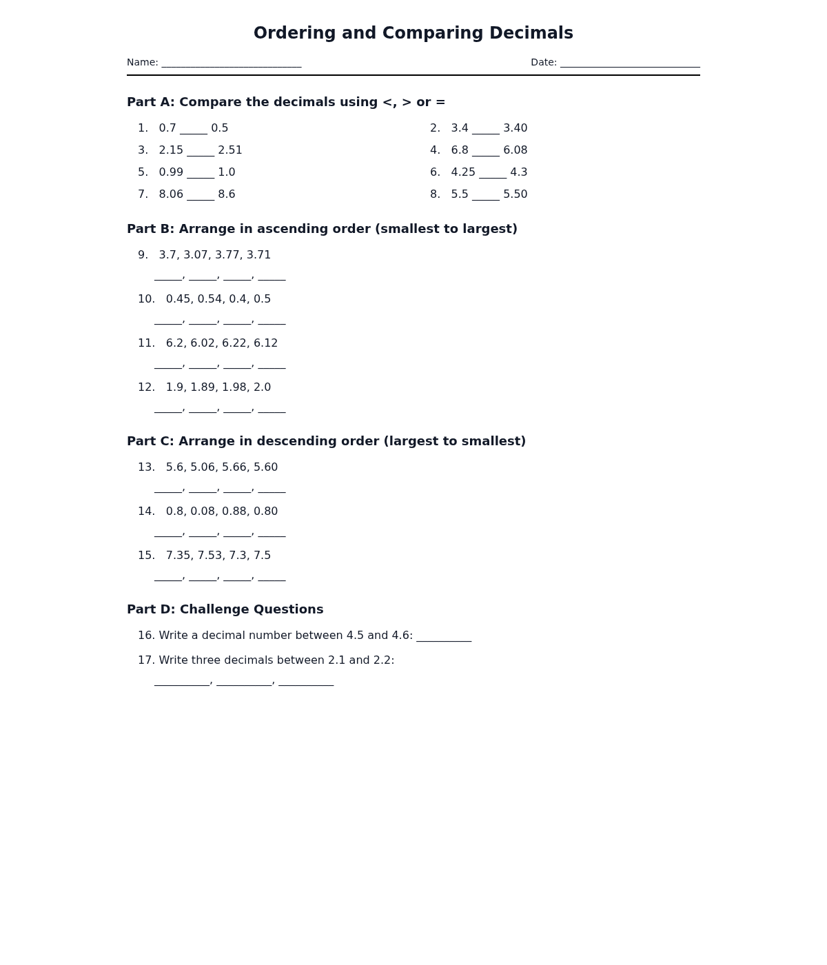 Ordering and Comparing Decimals