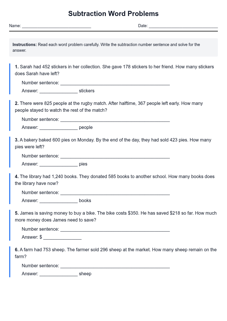 Subtraction Word Problems