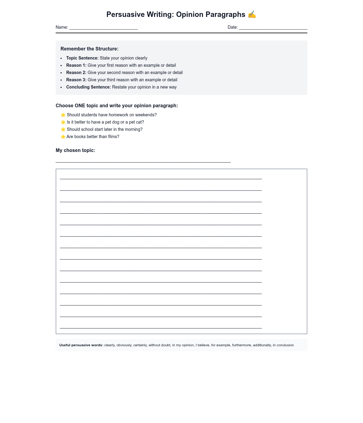 Persuasive Writing: Opinion Paragraphs