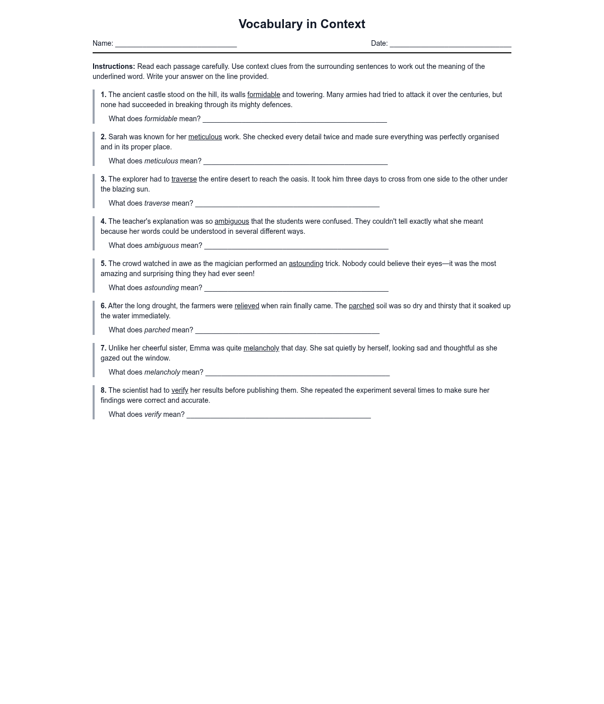 Vocabulary in Context Questions