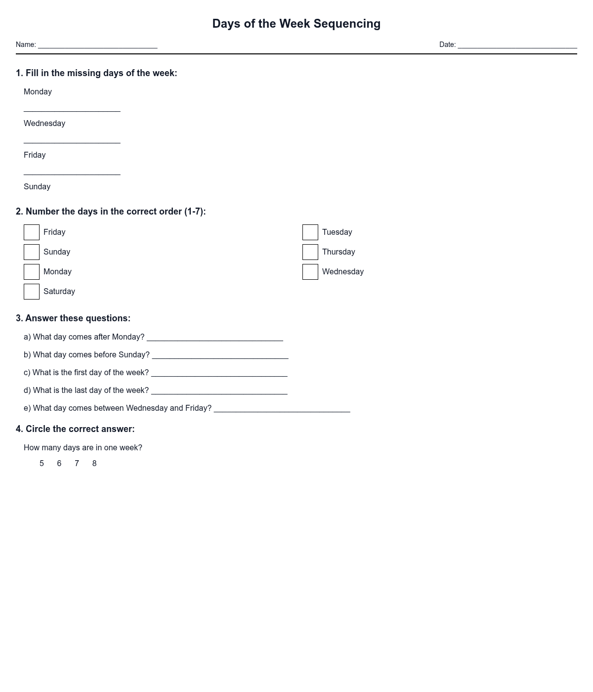 Days of the Week Sequencing