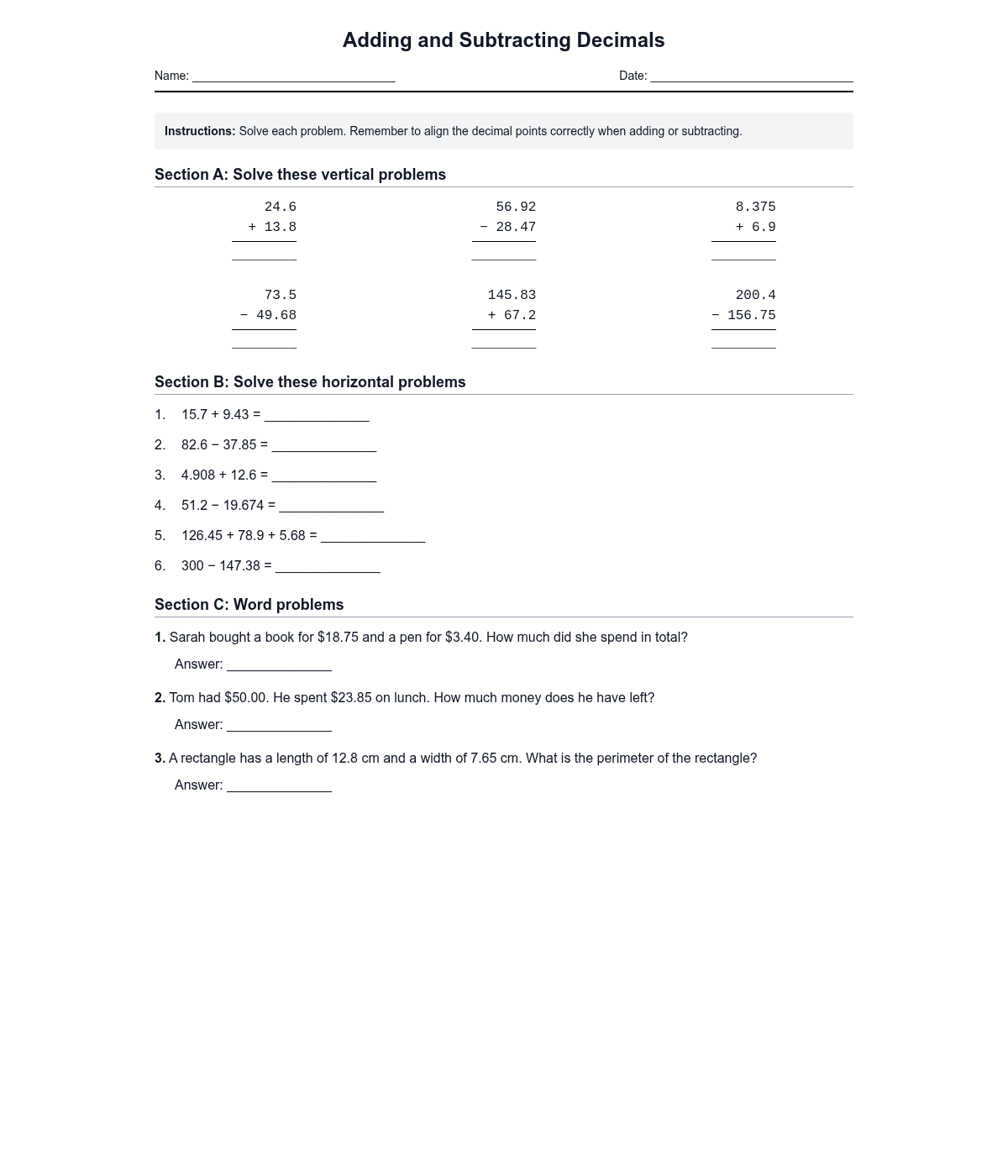 Adding and Subtracting Decimals