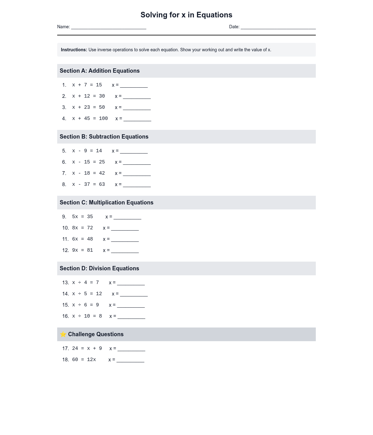 Solving for x in Equations