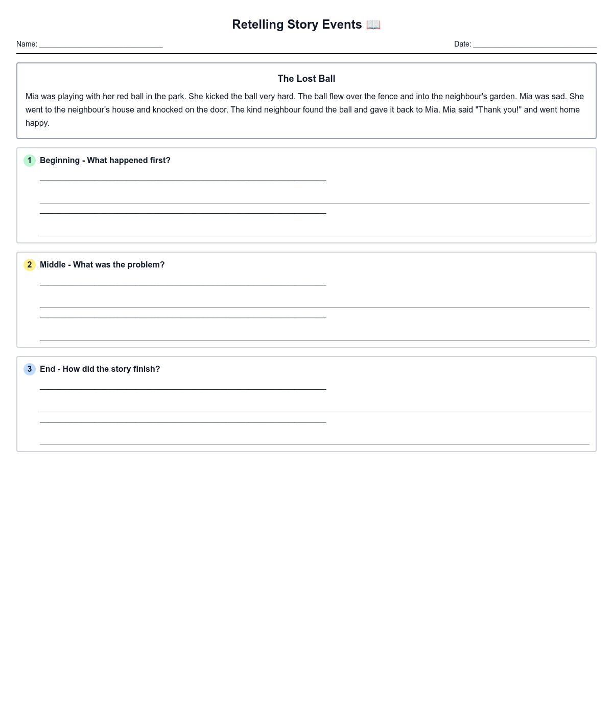 Retelling Story Events Worksheet