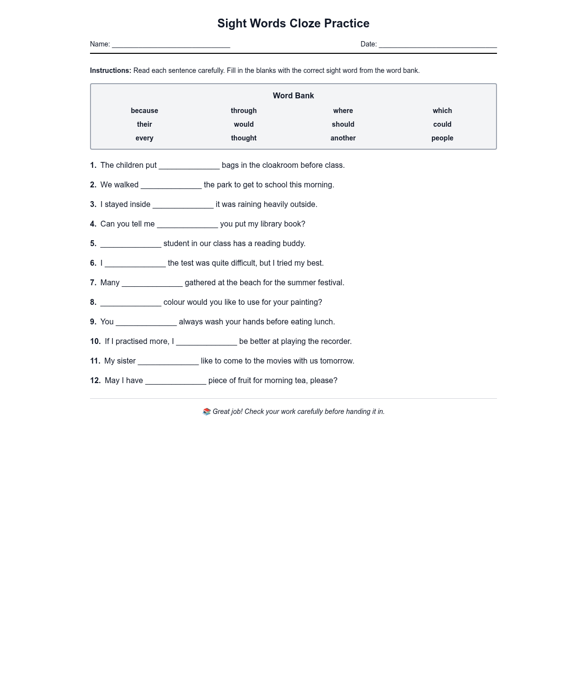 Sight Words Cloze Practice