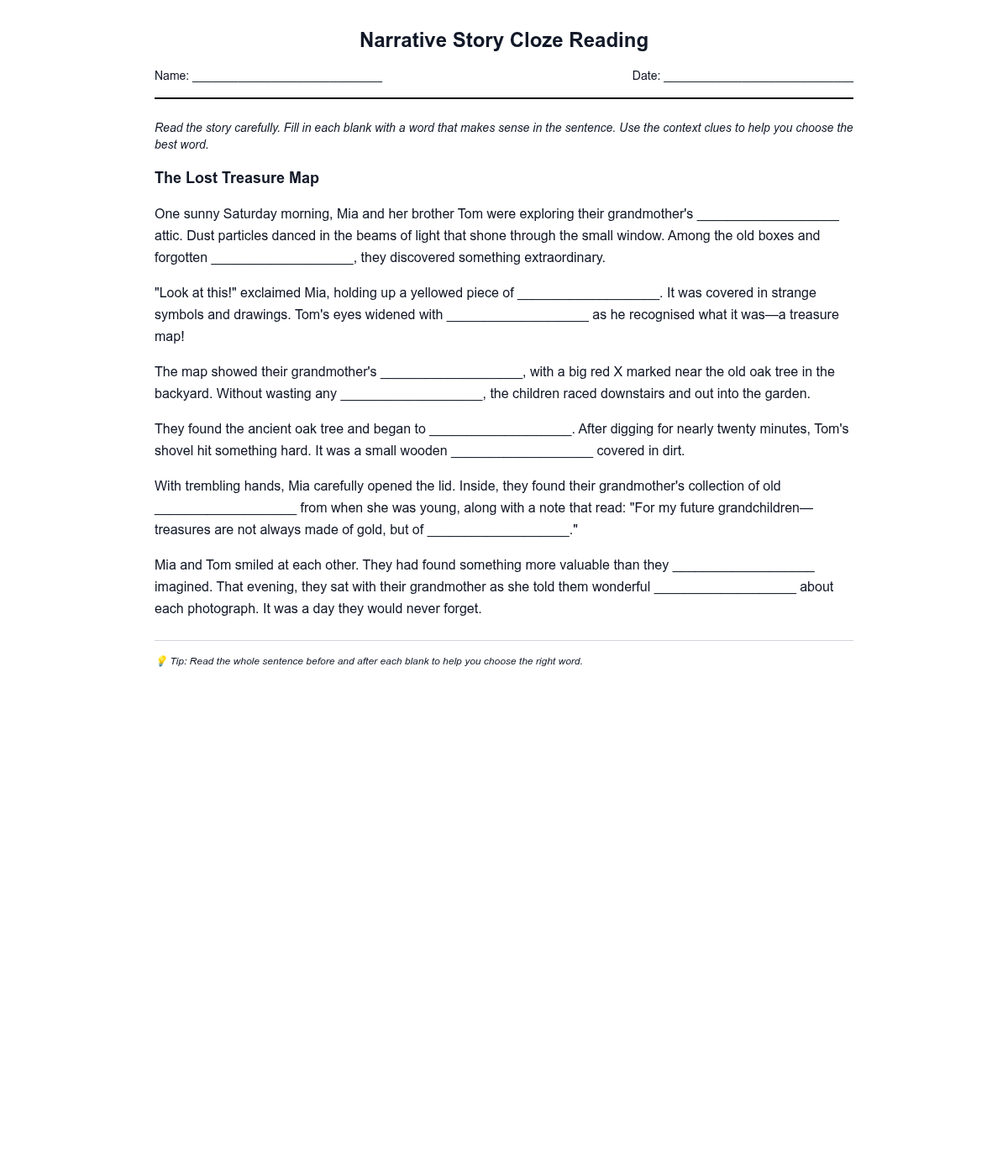 Narrative Story Cloze Reading